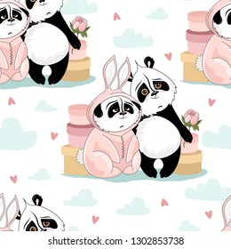 Seamless pattern with Valentine's Day. Cute Panda with romantic elements. Vector illustration