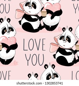 Seamless pattern with Valentine's Day. Cute Panda with romantic elements. Vector illustration