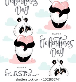 Seamless pattern with Valentine's Day. Cute Panda with romantic elements. Vector illustration