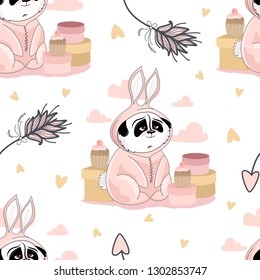 Seamless pattern with Valentine's Day. Cute Panda with romantic elements. Vector illustration