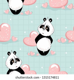 Seamless pattern with Valentine's Day. Cute Panda with romantic elements. Vector illustration