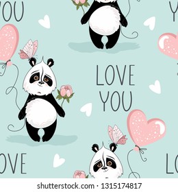 Seamless pattern with Valentine's Day. Cute Panda with romantic elements. Vector illustration