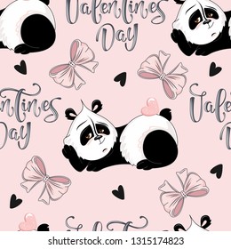 Seamless pattern with Valentine's Day. Cute Panda with romantic elements. Vector illustration