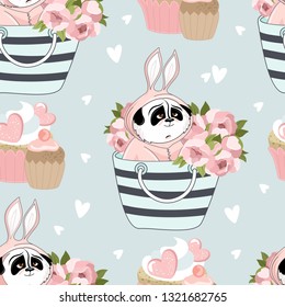 Seamless pattern with Valentine's Day. Cute Panda with romantic elements. Vector illustration