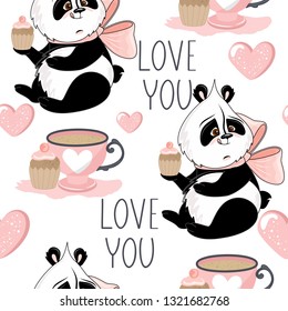 Seamless pattern with Valentine's Day. Cute Panda with romantic elements. Vector illustration