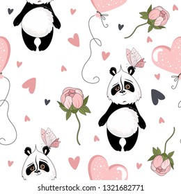 Seamless pattern with Valentine's Day. Cute Panda with romantic elements. Vector illustration