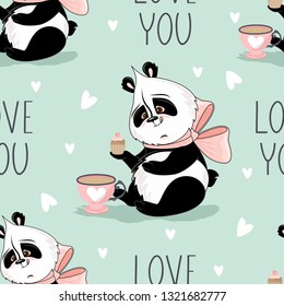 Seamless pattern with Valentine's Day. Cute Panda with romantic elements. Vector illustration