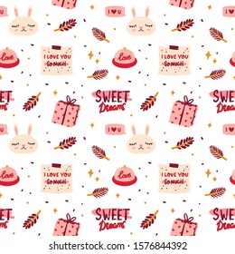 Seamless pattern for Valentine's Day with cute elements in Romantic Style.  Lovely background perfect for fabric design and wrapping paper.