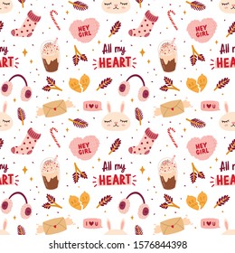 Seamless pattern for Valentine's Day with cute elements in Romantic Style.  Lovely background perfect for fabric design and wrapping paper.