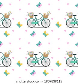 Seamless pattern. Valentine's Day. Cute bike, butterflies, puppy, flowers. Vector illustration isolated on white background.