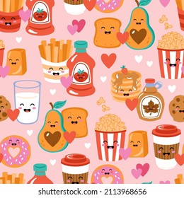 Seamless pattern for Valentines day with cute funny food . Childish background for fabric, wrapping paper, textile, wallpaper and apparel