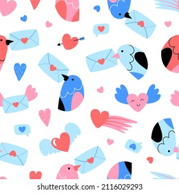 Seamless pattern for Valentine's Day. Cute cartoon birds with envelopes in their beaks, flying envelopes, hearts, comet. Vector illustration in a flat style. 