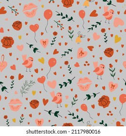 Seamless pattern for Valentine's Day with cute hand drawn elements. Flat vector illustration for paper, textile, fabric, prints, wrapping, greeting cards, banners