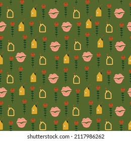 Seamless pattern for Valentine's Day with cute hand drawn elements. Flat vector illustration for paper, textile, fabric, prints, wrapping, greeting cards, banners