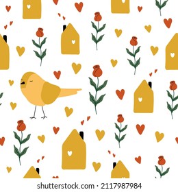 Seamless pattern for Valentine's Day with cute hand drawn elements. Flat vector illustration for paper, textile, fabric, prints, wrapping, greeting cards, banners