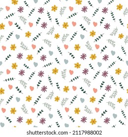 Seamless pattern for Valentine's Day with cute hand drawn elements. Flat vector illustration for paper, textile, fabric, prints, wrapping, greeting cards, banners