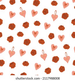 Seamless pattern for Valentine's Day with cute hand drawn elements. Flat vector illustration for paper, textile, fabric, prints, wrapping, greeting cards, banners