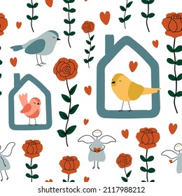 Seamless pattern for Valentine's Day with cute hand drawn elements. Flat vector illustration for paper, textile, fabric, prints, wrapping, greeting cards, banners