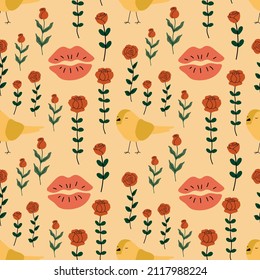 Patrón sin foco para el Día de San Valentín con adorables elementos dibujados a mano. Ilustración vectorial plana para papel, textiles, tela, impresiones, envoltura, tarjetas de felicitación, banners