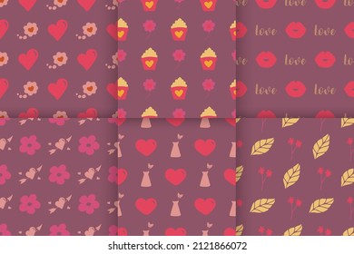 Seamless pattern for Valentine's Day with cute hand drawn elements. Flat vector illustration for paper, textile, fabric, prints, wrapping, greeting cards, banners