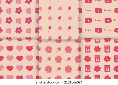 Seamless pattern for Valentine's Day with cute hand drawn elements. Flat vector illustration for paper, textile, fabric, prints, wrapping, greeting cards, banners