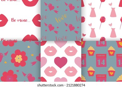 Seamless pattern for Valentine's Day with cute hand drawn elements. Flat vector illustration for paper, textile, fabric, prints, wrapping, greeting cards, banners