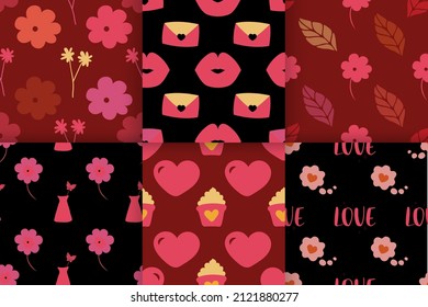 Seamless pattern for Valentine's Day with cute hand drawn elements. Flat vector illustration for paper, textile, fabric, prints, wrapping, greeting cards, banners