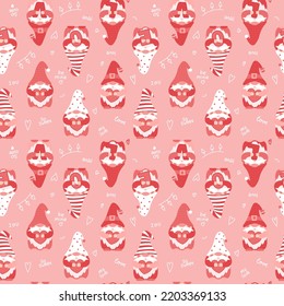 Nahtloses Muster mit Valentins Day süße Cartoon-Zwerge, die Herzen und Buchstaben LOVE halten. Rosa Zwerge zaubert Charaktere und handgeschriebene Wörter. Farbvektorgrafik auf rosafarbenem Hintergrund.