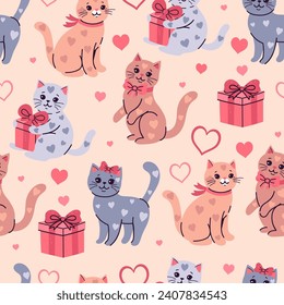 Seamless pattern for Valentine's Day with cute spotted cats. Vector graphics.