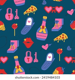 Nahtloses Muster zum Valentinstag. Cute-Doodle-Illustrationen. Groovy Retro-Stil. Gut für Geschenkpapier, Poster, Karten, Drucke. Vektorgrafik