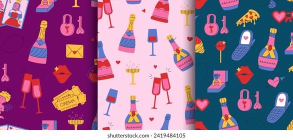 Seamless pattern to Valentine's day. Cute doodle hand drawn illustrations. Good for gift paper, posters, cards, prints. Groovy retro style. Vector illustration
