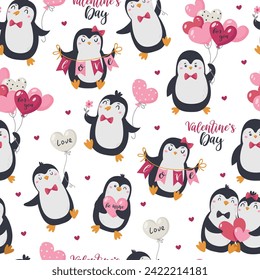 Seamless pattern with Valentine's Day cute penguins. Great for wrapping paper, fabric