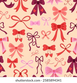 Seamless pattern for Valentine's day with cute bow and ribbons Childish background for fabric, wrapping paper, textile, wallpaper and apparel