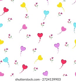 Padrão perfeito para o Dia dos Namorados. Balões bonitos em forma de coração e flores de coração. Ilustração de vetor desenhada à mão. Papel De Embalagem, Designs De Tecido Digital Ou Artesanato. Totalmente Escalável E Inclinável