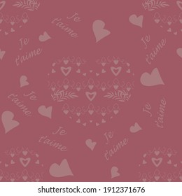 Seamless pattern for Valentine's Day, declaration of love with little hearts and text in french language, I love you. Raspberry color. Vector.