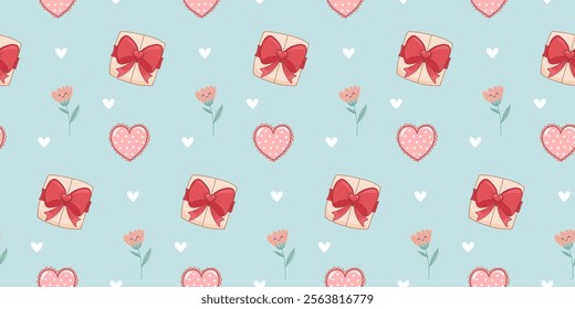 Seamless pattern for Valentine's day in delicate colors. Ornament for fabric, packaging. Sample in swatches.