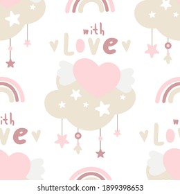 Nahtlose Muster für Valentinstag-Design mit boho Herz, Wolke, romantischen Elementen. Mit Liebe schreiben. Vektorgrafik für Verpackungen. Das Muster wird geschnitten, keine Schnittmaske.