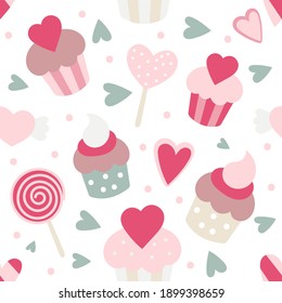 Seamless pattern for Valentines day design with sweets – cupcake, candy, cookie. Vector illustration for packaging. Pattern is cut, no clipping mask.