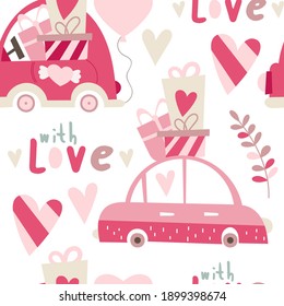 Seamless pattern for Valentines day design with love bugs. Lettering Love. Vector illustration for packaging. Pattern is cut, no clipping mask.