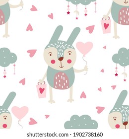 Seamless pattern for Valentines day design with cute hare. Vector illustration for packaging. Pattern is cut, no clipping mask.