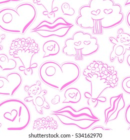 Seamless pattern, valentines day design, doodle love symbols, funny background