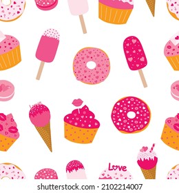 Seamless pattern Valentine's day dessert cupcakes donuts ice cream vector illustration