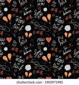 Seamless pattern for Valentine's Day, with different details and inscriptions, on a black background