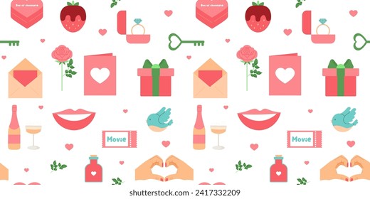 seamless pattern Valentine's day with different elements. Vector flat cartoon style. wedding. love