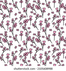 Seamless pattern for Valentine's Day from doodle elements. print for packaging paper, fabric. background in pink and black colors twig