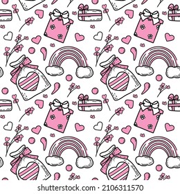 Seamless pattern for Valentine's Day from doodle elements. print for packaging paper, fabric. background in pink and black colors