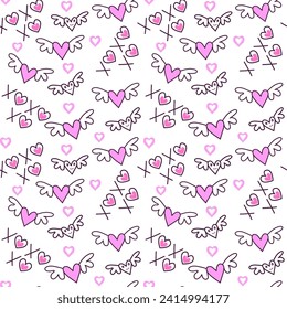 Patrón sin inconvenientes Día de San Valentín con alas estilo doodle 