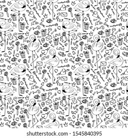 Seamless pattern with valentines day doodles and flamingo on white background. Vector hand drawn illustration.