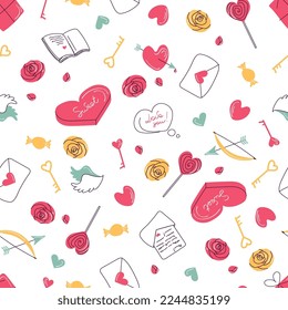 Seamless pattern with Valentines day doodles vector illustration. Cute romantic symbols. Pink and yellow hearts, roses, sweets. For wrapping paper, packaging decoration