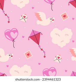 Seamless pattern for Valentine's day with doves, letters, stamps, kites and balloons.